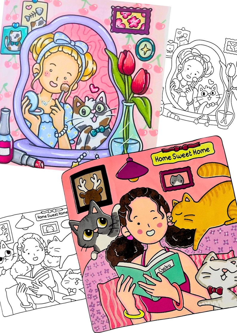 May include: Colourful illustration featuring a woman applying makeup in a mirror with a cat, and another woman reading with cats. The image includes the text "Home Sweet Home" and various cat-themed decorations. The style is cartoonish.