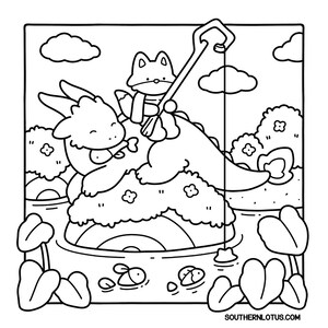 May include: Black and white line art illustration of a dragon and fox fishing. The dragon is sitting on a lily pad in the water, with the fox holding the fishing rod. Clouds and lily pads are in the background.