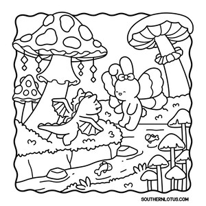 May include: Black and white line art illustration of a whimsical scene with a dragon, a bunny with butterfly wings, and mushrooms. The scene includes a small stream with fish and decorative hanging elements. The text "SOUTHERNLOTUS.COM" is at the bottom.