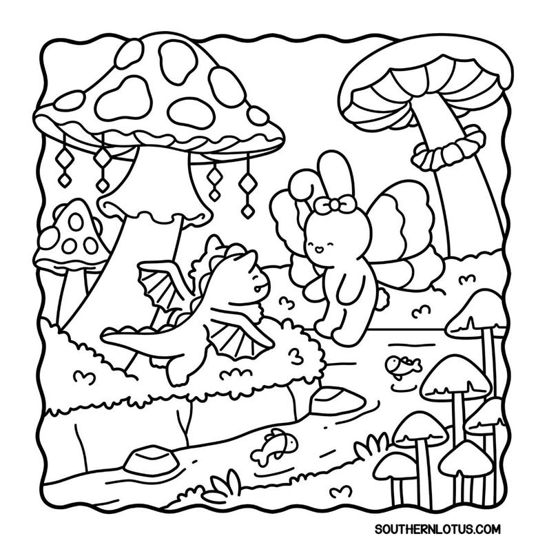 May include: Black and white line art illustration of a whimsical scene with a dragon, a bunny with butterfly wings, and mushrooms. The scene includes a small stream with fish and decorative hanging elements. The text "SOUTHERNLOTUS.COM" is at the bottom.