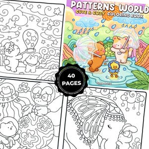 Könnte beinhalten: Ein Malbuch mit dem Titel "Patterns World" und dem Untertitel "Cute & Cozy Coloring Book". Das Cover zeigt farbenfrohe Illustrationen von Zeichentricktieren mit Regenschirmen in einer regnerischen Szene. Das Buch hat 40 Seiten zum Ausmalen.
