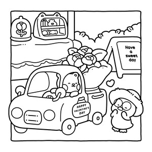 May include: Black and white cartoon illustration of a bear driving a car filled with roses. The car has a sign that says "Happy Valentine's Day." A sign reads "Have a sweet day." An owl-like character stands nearby.