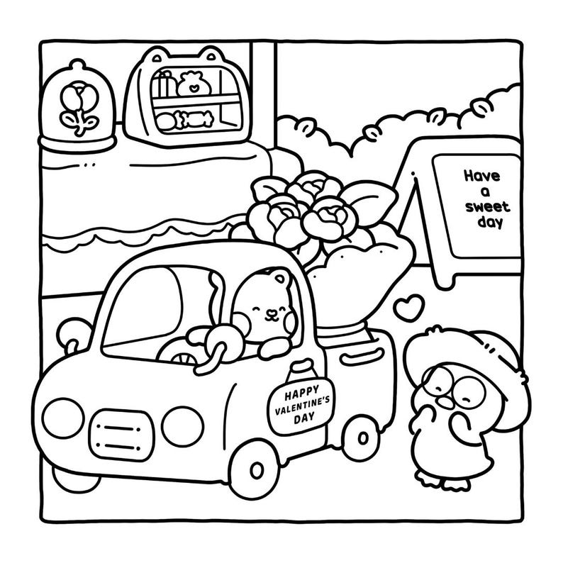 May include: Black and white cartoon illustration of a bear driving a car filled with roses. The car has a sign that says "Happy Valentine's Day." A sign reads "Have a sweet day." An owl-like character stands nearby.