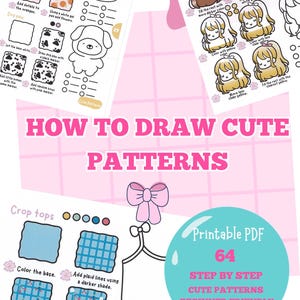 Peut inclure: Un guide PDF imprimable intitulé « Comment dessiner des motifs mignons » avec des instructions étape par étape pour les débutants. L'image présente des illustrations de motifs, dont des cercles oranges, des pattes de chien et des crop tops, avec un nœud rose et un cercle turquoise.