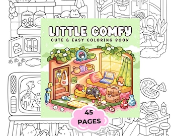 Cozy Coloring Book Printable, Cute & Easy Coloring Pages for Adults, 45 Pages PDF, Comfy Kawaii Coloring Book, Relaxing Coloring Pages
