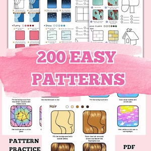 May include: A workbook bundle with the text "200 EASY PATTERNS" in pink. The pages show examples of drawing fabric, weather, and hair. The words "PATTERN PRACTICE WORKBOOK BUNDLE" and "PDF DOWNLOAD" are also visible.