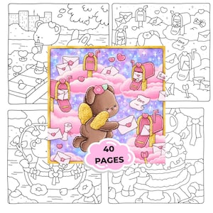 Può includere: Un libro da colorare digitale con 40 pagine di illustrazioni. L'immagine centrale mostra un orsacchiotto marrone con ali dorate, nuvole rosa e cassette della posta rosa con buste. Il testo 40 PAGES è stampato su una grafica a nuvola rosa.