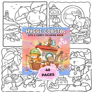 Może przedstawiać: Kolorowanka zatytułowana "Hygge Coastal" z uroczymi ilustracjami nadmorskimi. Okładka przedstawia łódź z kotem łowiącym ryby, niedźwiedziem i różowym delfinem. Książka ma 40 stron i zawiera rysunki linii różnych elementów nadmorskich.