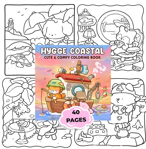 Coastal Coloring Book Printable, Cute Cozy Beach Coloring Pages for Adults, 40 Pages PDF, Hygge Coloring Book, Relaxing Kawaii Coloring