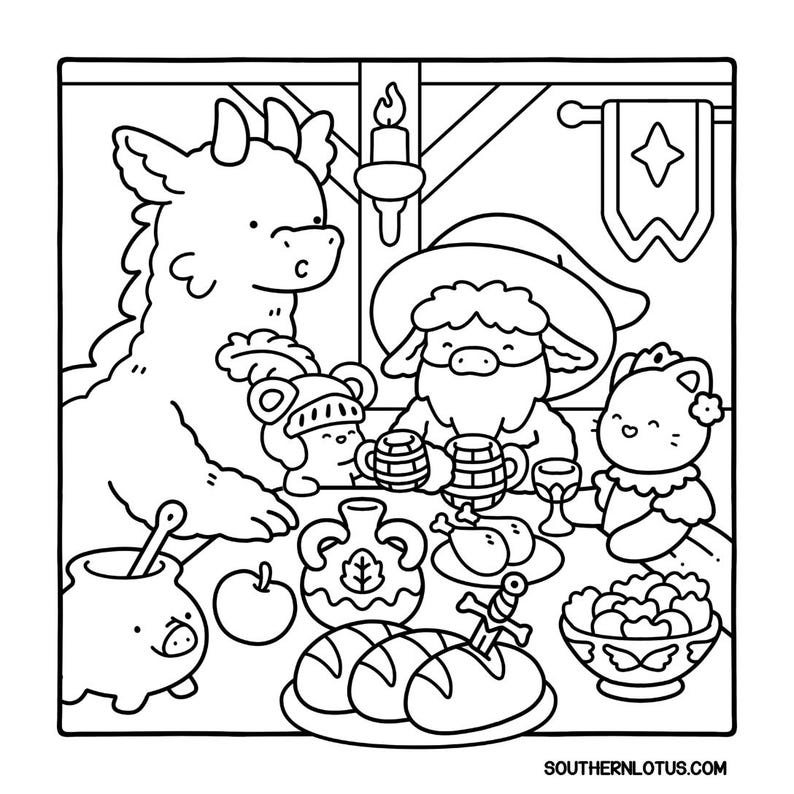 May include: Black and white illustration of a medieval feast with cartoon characters. A dragon, a sheep-like figure, a mouse in a helmet, and a cat-like character are gathered around a table laden with food and drink. The scene includes bread, a roast, and a decorative vase.