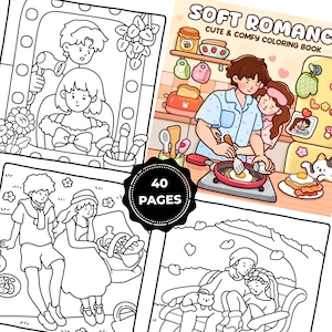 May include: A coloring book titled "Soft Romance" with illustrations of couples in various scenes. The cover features a couple cooking breakfast. The book has 40 pages and includes black and white line drawings for coloring.