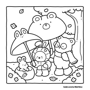 May include: Black and white illustration of a bear and bunny characters under umbrellas. One bunny is wearing a bunny costume. A small bunny sits in a round nest. The text "Cutie Love by Mimi Moty" is in the bottom right corner.