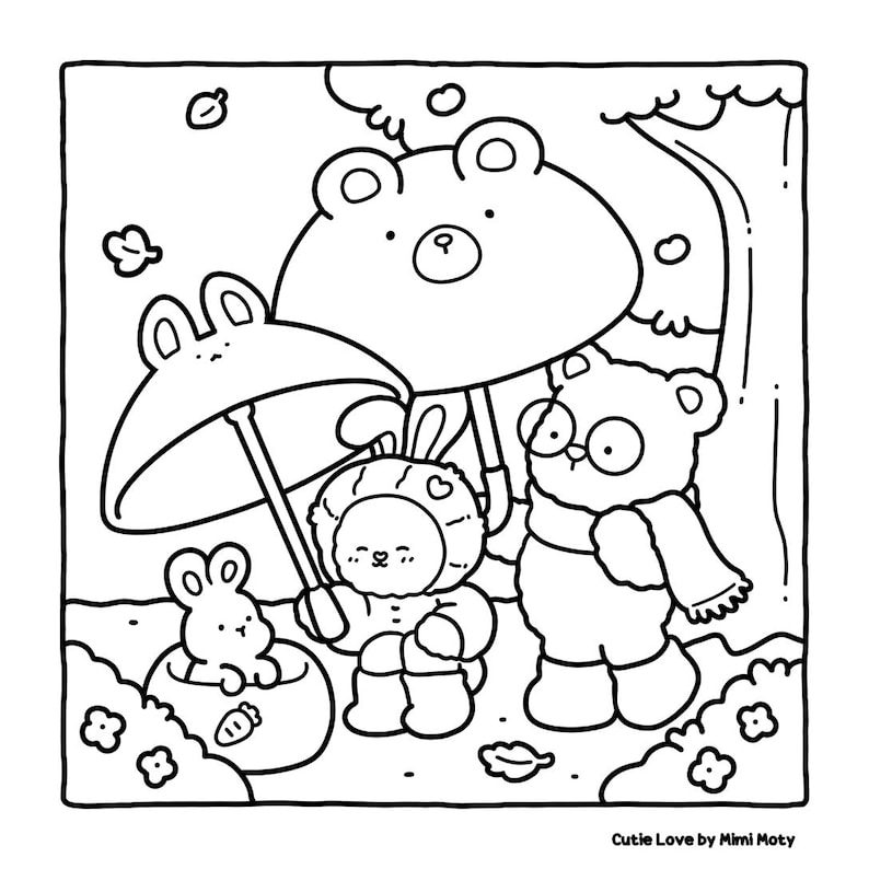 May include: Black and white illustration of a bear and bunny characters under umbrellas. One bunny is wearing a bunny costume. A small bunny sits in a round nest. The text "Cutie Love by Mimi Moty" is in the bottom right corner.