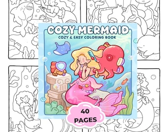 Cozy Mermaid Coloring Book | Cute Mermaid Coloring Pages | Kawaii Ocean Coloring Book | 40 Bold and Easy Coloring Pages | Instant Download