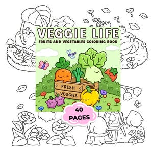 Könnte beinhalten: Ein Schwarz-Weiß-Malbuch mit dem Titel "Veggie Life: Fruits and Vegetables Coloring Book". Das Cover zeigt Cartoon-Gemüse und -Obst, darunter eine Karotte, Salat und Erdbeere. Das Buch hat 40 Seiten.