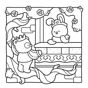May include: Black and white line art illustration of a bear and a bunny. The bear, wearing a crown, stands near a window, while the bunny, also wearing a crown, sits inside. Floral elements and decorative lines frame the scene.