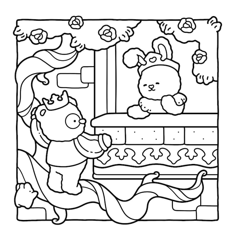 May include: Black and white line art illustration of a bear and a bunny. The bear, wearing a crown, stands near a window, while the bunny, also wearing a crown, sits inside. Floral elements and decorative lines frame the scene.