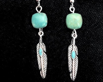 Turquoise & Silver Feather Earrings