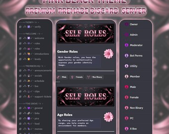 Fully SetupPink Black Discord Server | Self-Assign Roles, Ticket Support (and more)
