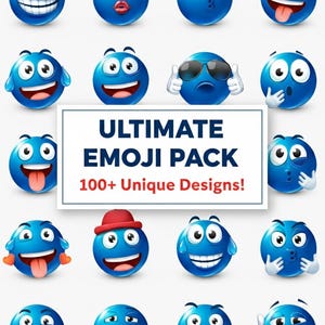 Puede incluir: Una colección de emojis azules con diversas expresiones, incluyendo sonrisas, guiños y el uso de gafas de sol. La imagen incluye el texto "ULTIMATE EMOJI PACK 100+ Unique Designs!" y "INSTANT DOWNLOAD" en un botón rojo.