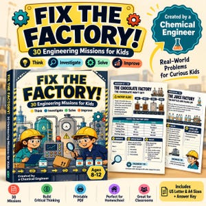 May include: A Fix The Factory! 30 Engineering Missions for Kids activity book with a cover showing two children in yellow hard hats working in a factory. Includes printable mission sheets for The Chocolate Factory and The Juice Factory.