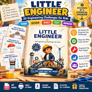 May include: A Little Engineer book featuring 20 engineering challenges for kids, with a cover illustration of a child in a yellow hard hat on a bridge. Includes challenge cards for building bridges, protecting eggs, and cleaning water, plus icons for STEM skills.