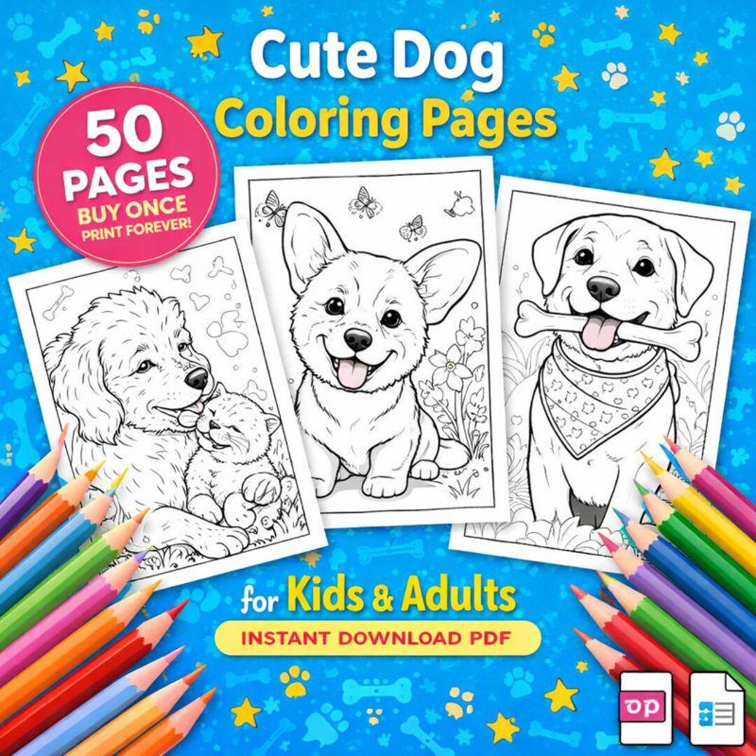 Dog Coloring Pages for Kids & Adults, 50 Page Printable Set (PDF ...