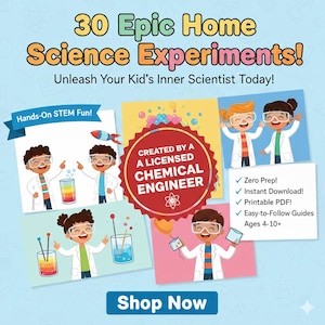 May include: A promotional graphic for "30 Epic Home Science Experiments!" featuring colorful illustrations of children conducting science experiments. The text includes "Hands-On STEM Fun!" and "Shop Now."