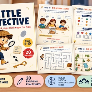May include: Little Detective 20 Mystery & Logic Challenges for Kids activity book with a cover illustration of a child in a trench coat and deerstalker hat holding a magnifying glass. Includes pages for Case 01, Case 10, and Case 18 with puzzles.