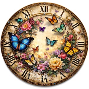 Butterfly Design Clock Face PNG, Floral Vintage Wall Clock Template, Sublimation Printable Digital Download