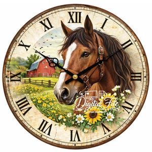 Relógio rústico com cavalo em PNG | Design para sublimação estilo fazenda, mostrador de relógio imprimível (Download digital 30 cm x 30 cm)