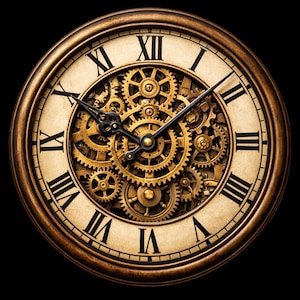 Puede incluir: Un reloj de estilo vintage con un marco de color bronce y una esfera crema. El reloj presenta números romanos negros y engranajes dorados intrincados visibles en el centro. Las manecillas son negras.