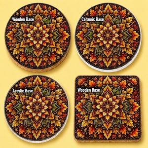 May include: Four coasters featuring a central mandala pattern of autumn leaves in shades of orange, red, yellow, and green. The set includes two round coasters with a wooden base, one round coaster with a ceramic base, and one square coaster with a wooden base.