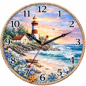Reloj con forma de faro costero, arte mural de casa de playa (descarga digital PNG, diseño redondo de 30 cm)