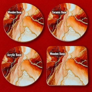 May include: Four coasters featuring an abstract orange, red, and white marble pattern with gold veining. Three are circular, labelled Wooden Base, Ceramic Base, and Acrylic Base. One is square, labelled Wooden Base. The background is solid red.