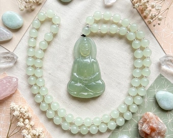 Minimalist Green Jade Buddha Pendant Necklace, Carved Meditating Buddha Mala Jewelry, 60cm Length