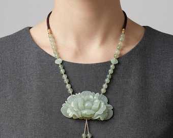 Hand-Carved Jade Peony Pendant Necklace, Chinese Floral Statement Jewelry, Gold-Toned Cord