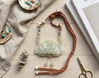 Hand-Carved Serpentine Jade Peony Necklace, Translucent Pale Green Flower Pendant, Artisan Gemstone Jewelry