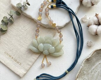 Hand-Carved Serpentine Jade Lotus Pendant Necklace with Gray Agate Beads – Zen Spiritual Jewelry