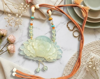 Hand-Carved Serpentine Jade Peony Pendant Necklace: Zen Chinoiserie Style