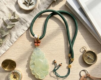 Hand-Carved Serpentine Jade Fish Pendant Necklace: Lotus Leaf Oriental Charm