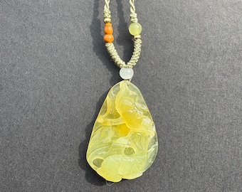 Hand-Carved Serpentine Jade Pendant – Lotus Goldfish Abundance Amulet Necklace