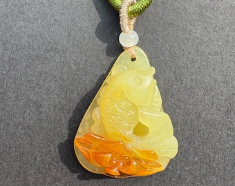 Hand-Carved Serpentine Jade Pendant, Lotus Goldfish Amulet, Natural Zen Jewelry