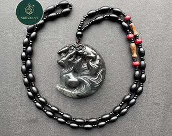 Hand Carved Jade Fox Pendant Necklace | Boho Oriental Jewelry, 60cm