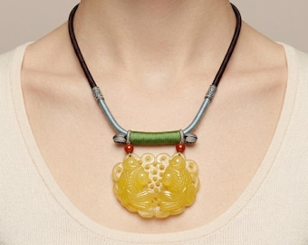 Golden Serpentine Lotus Fish Pendant, Hand-Carved Jade Necklace, Oriental Amulet