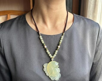 Carved Jade Koi Fish Pendant Necklace, Oriental Beaded Statement Jewelry, Good Fortune Symbol