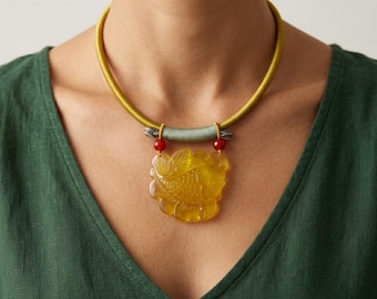 Hand-Carved Golden Serpentine Jade Fish Pendant Necklace, Oriental Statement Jewelry