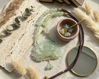 Hand-Carved Serpentine Jade Peony Necklace, Boho Sage Green Pendant, Spiritual Healing Jewelry