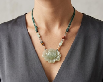 Hand-Carved Serpentine Jade Peony Pendant Necklace, Floral Wealth Amulet