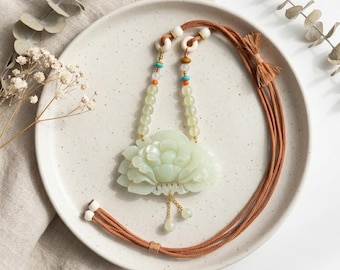 Blooming Peony Flower Serpentine Jade Pendant Necklace Vintage Oriental Botanical Gemstone Jewelry Gift